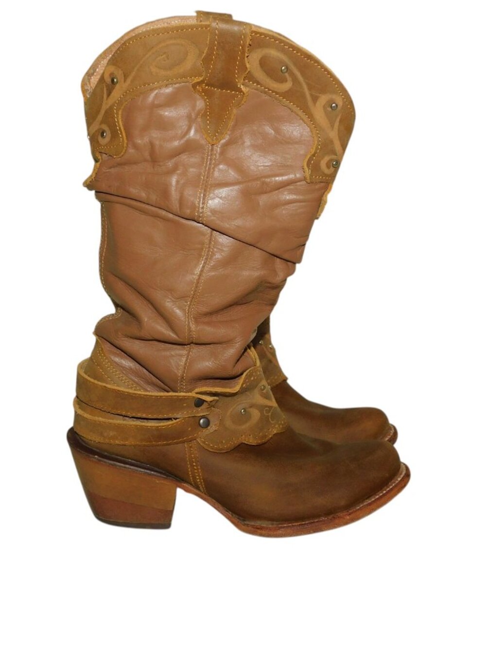 Brown Leather Slouch Western Boots With Decorative Harness Straps Made In Mexico - Picture 3 of 13